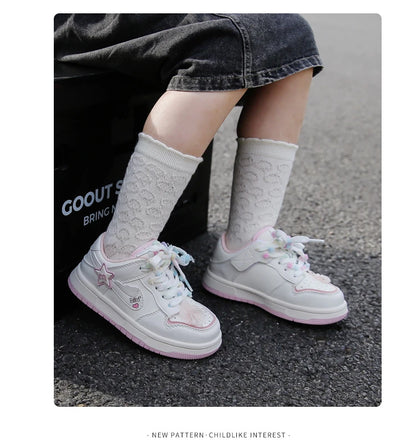 Girls' white sneakers autumn New leather breathable casual shoes, girls' soft-soled sports shoes and running shoes
