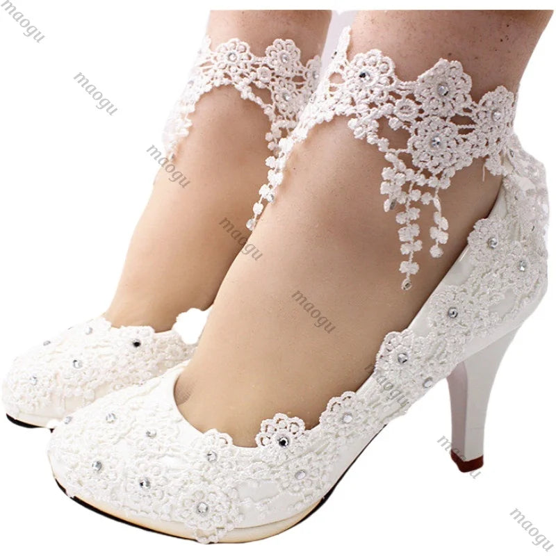 New Shoes Woman Bride Elegant White Lace Pearl Design High Heels Women's High Heels Bride Wedding Shoes Ladies