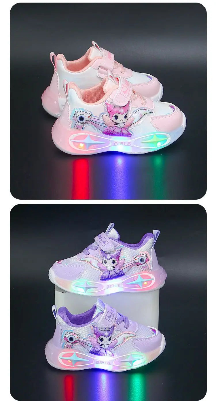 Sanrio Kuromi Girls Light Up Sneakers New Waterproof Leather Princess Running Casual Sports Shoes with Cotton Lined for Kids