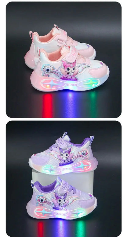 Sanrio Kuromi Girls Light Up Sneakers New Waterproof Leather Princess Running Casual Sports Shoes with Cotton Lined for Kids