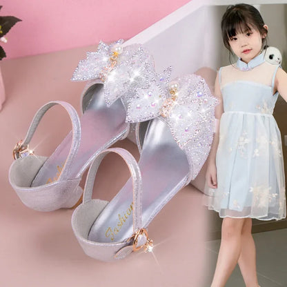 Girls Princess Shoes High Heels for Wedding Party Kids Dance Shoes Sweet Bows 2025 Summer New Children Half Sandals Shiny Sequin