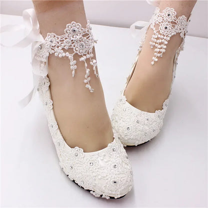 New Shoes Woman Bride Elegant White Lace Pearl Design High Heels Women's High Heels Bride Wedding Shoes Ladies