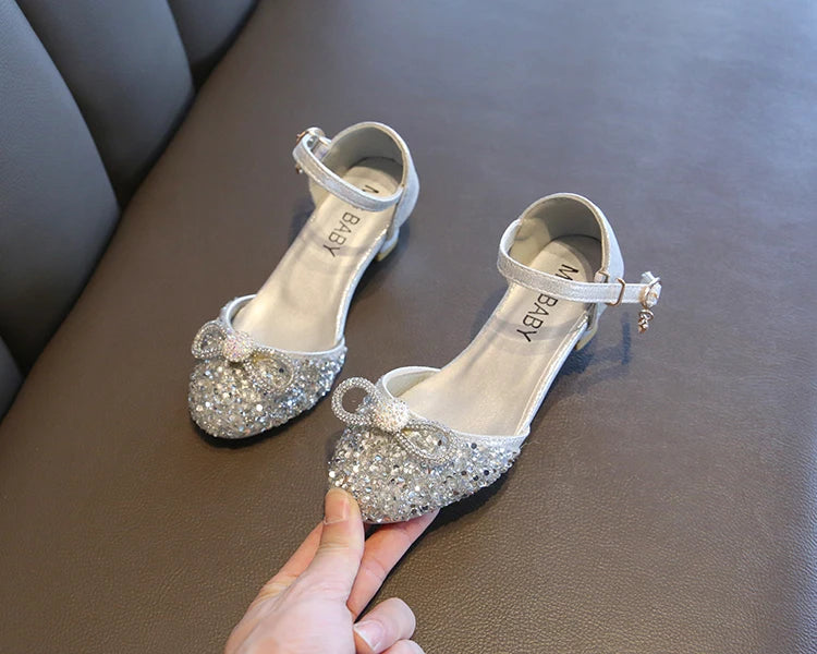 Girls High Heels for Kids Party Wedding Evening Dress Shoes Fashion Bow Diamond Crystal Shoes Princess Stockings Girl Sandals