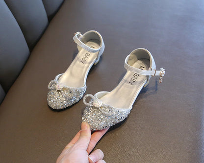 Girls High Heels for Kids Party Wedding Evening Dress Shoes Fashion Bow Diamond Crystal Shoes Princess Stockings Girl Sandals