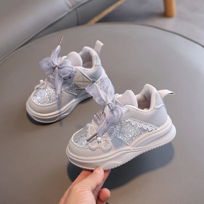 Baby Girl's Casual Sneakers for Spring Fall Shiny Sequins & Bow Ribbon Decor Sports Shoes Kids Skate Shoes
