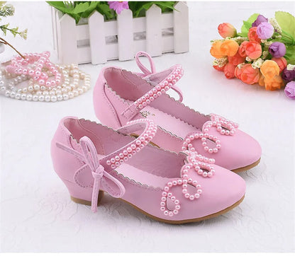 New Princess Kids High Heels Shoes Girls Wedding Dress Party Leather Shoes Children's White Shoes Performance Shoes for Students