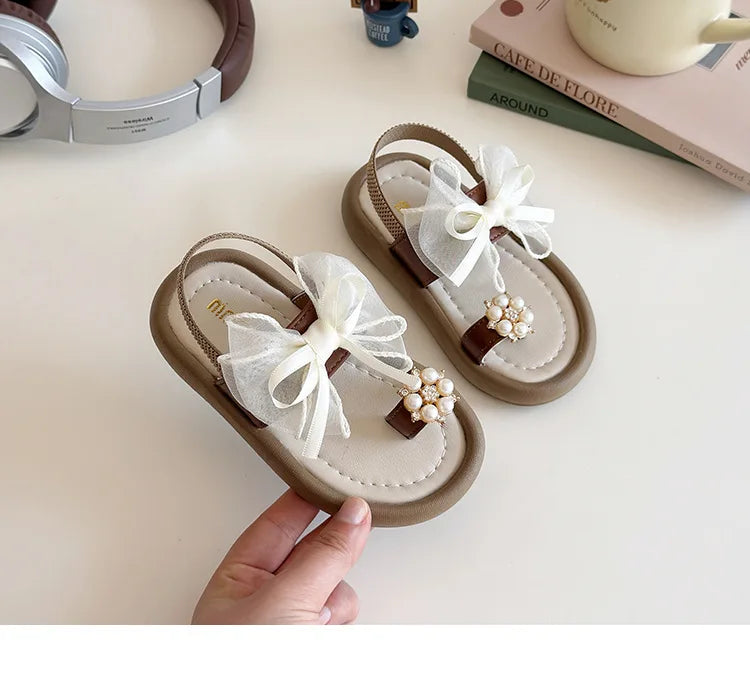 Summer Fashion Kids Platform Princess Shoes  Sandals Girls Rhinestone Straps Beach Shoes Soft Sole Ribbon Bow Versatile Sandals