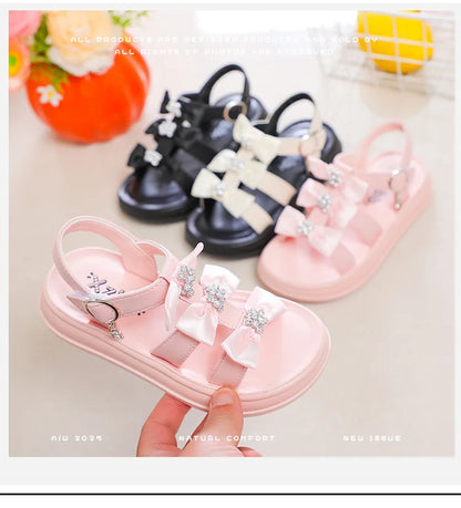 Girls Sandals with Sweet Bows Soft Sole Kids Beach Shoes Versatile 2025 Summer New Children Princess Shoes Casual Non-slip Cute