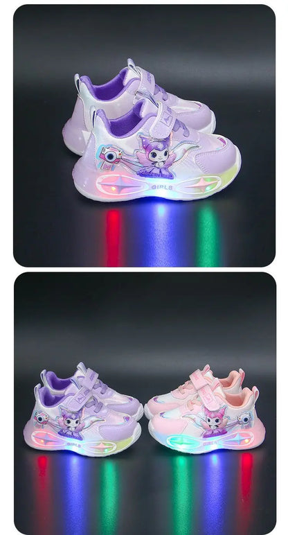 Sanrio Kuromi Girls Light Up Sneakers New Waterproof Leather Princess Running Casual Sports Shoes with Cotton Lined for Kids