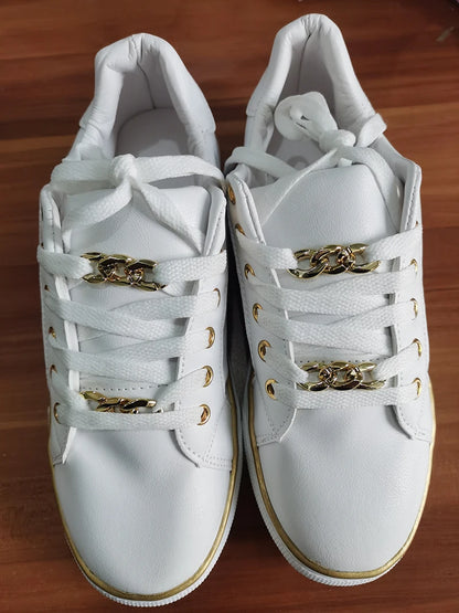 Women's Sneakers New Fashion Chain Leather Comfortable Round Toe Platform Sneakers Lace-up Walking Women's Vulcanized Shoes