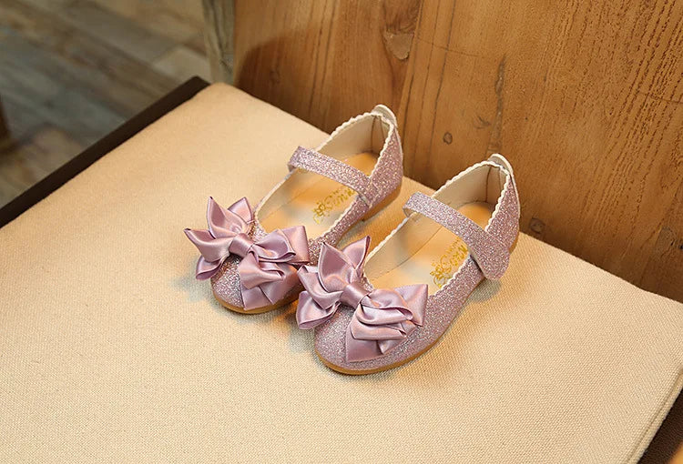 Glitter with Bow-knot Princess Sweet Bling Dress Shoes for Dance Party Girls Leather Shoes for Toddlers Kids Big Children Flats