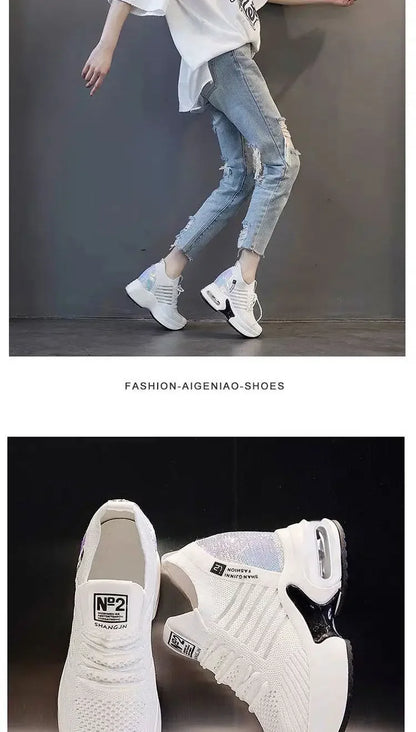 2025 Women's Sneakers Spring Sequined Casual Shoes Woman Platform Heels Wedges Height Increasing Knitted Ladies Vulcanized Shoes