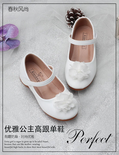 Children's shoes in spring and autumn new girls white Pearl flower Princess shoes fashion high heels wear-resistant and non-slip