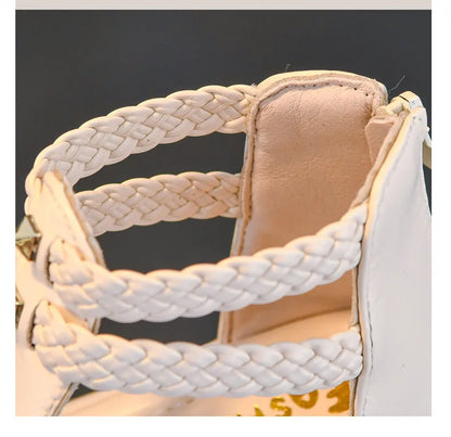Kids Summer Sandals for Girls 2025 New Versatile Korean Style PU Soft Non-slip Flat Casual Weave Gladiator Sandals Princess Soft