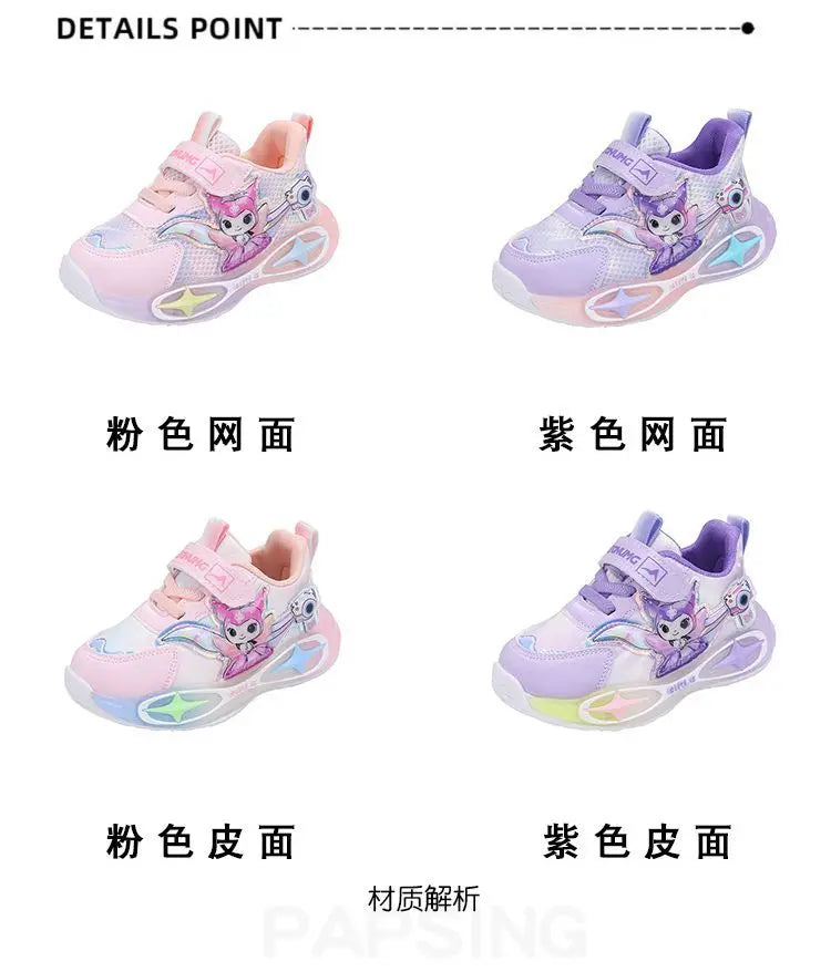 Sanrio Kuromi Girls Light Up Sneakers New Waterproof Leather Princess Running Casual Sports Shoes with Cotton Lined for Kids