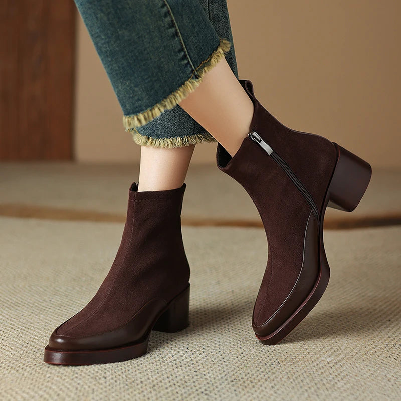 New Women's Short Boots Genuine Leather Retro Chunky Heel High Heel Boots Female Large Size Pointed Toe Women Ankle Boots