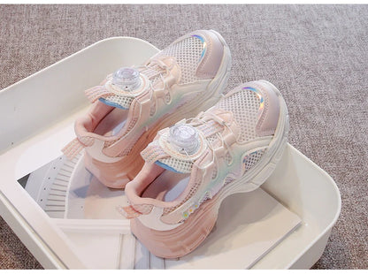 Girls Sneakers with Sweet Flowers Children Running Shoes Rotating Button New Kids Sports Shoes Princess Style Comfortable
