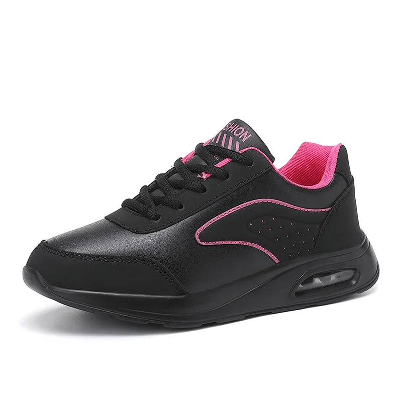 New Women's Fashionable Sneakers Leather Women's Casual Shoes Lace Up Flat Shoes Ladies Lightweight Fitness Walking Shoes