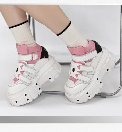 Woman Sneakers New Punk Style Women Shoes Gothic Ankle Rock Boots Lace-up Heel Height Platform Shoes Woman Metal Decor
