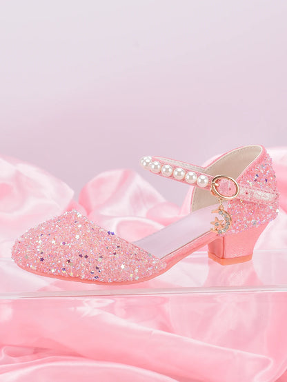 Girls' Princess Style High Heel Shoes With Shiny Star Pendant Decoration, Suitable For Dress And Birthday Party