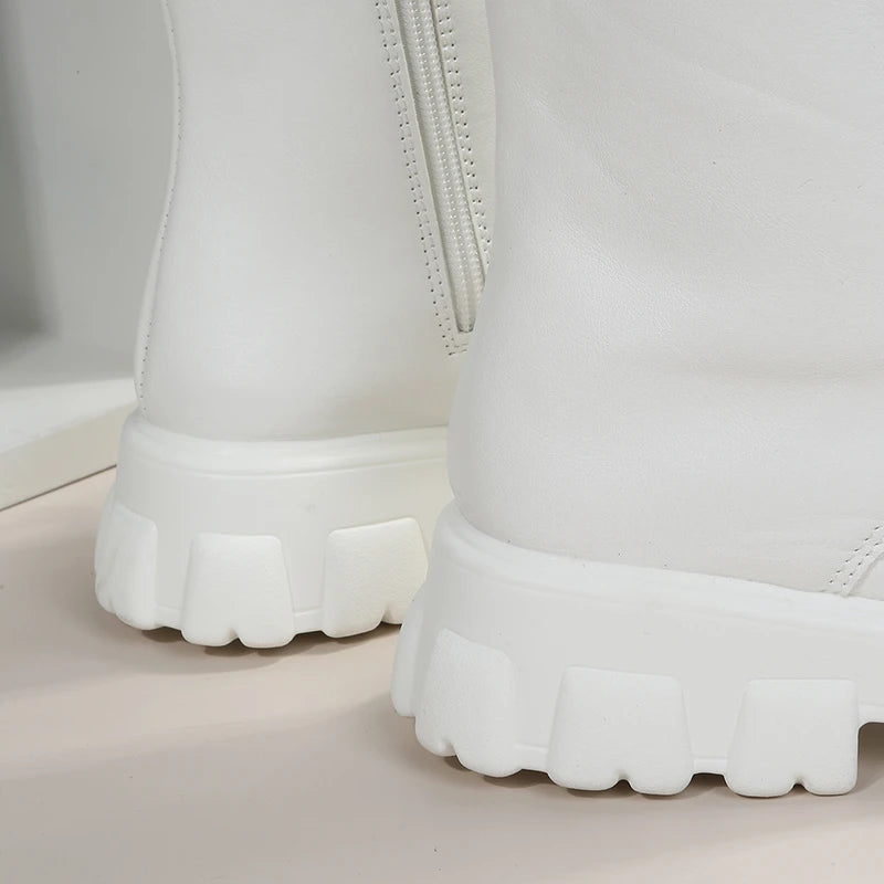 Boots Women Autumn Winter PU Leather White Ankle Boots Motorcycle Botines Female Chunky Heels Platform Boots Botas Mujer