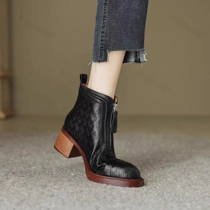 Women's Short Boots New Autumn Winter Zipper Vintage Chunky Heel Middle Heel Shoes Comfortable Warm Non Slip Fashion Boots