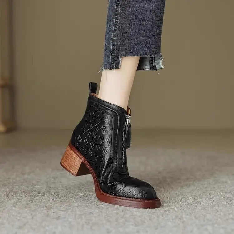 Women's Short Boots New Autumn Winter Zipper Vintage Chunky Heel Middle Heel Shoes Comfortable Warm Non Slip Fashion Boots