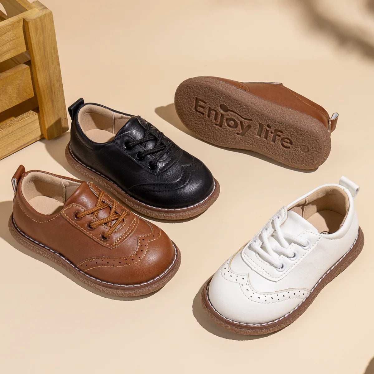 KIDSUN Children Retro Casual Leather Shoes Comfortable Breathable Rubber Soft Anti-Slip Flat Sole Lace Up Solid Color Flats Shoe