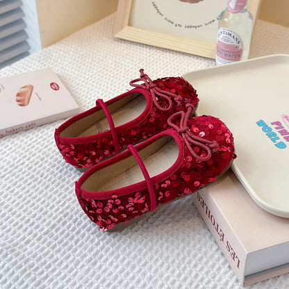 Girls Shoes Kids Glitter Leather Shoes for Wedding Stage Party Sequins Bling Shiny with Bow-knot Princess Soft Children's Flats