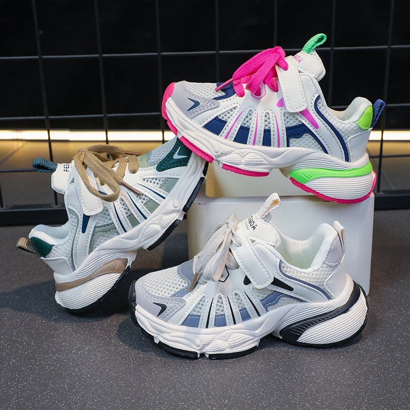 Girl's Color Block Mesh Breathable Chunky Shoes Comfy Non Slip Lace Up Durable Sneakers For Kid's Outdoor Activities