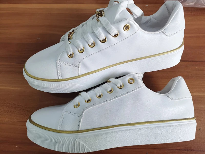 Women's Sneakers New Fashion Chain Leather Comfortable Round Toe Platform Sneakers Lace-up Walking Women's Vulcanized Shoes