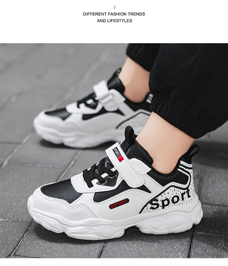 Boys Shoes Sneakers Leather Children Comfortable Flat Shoes Black White Shoes for Kids Girls School Walking Footwear Non Slip