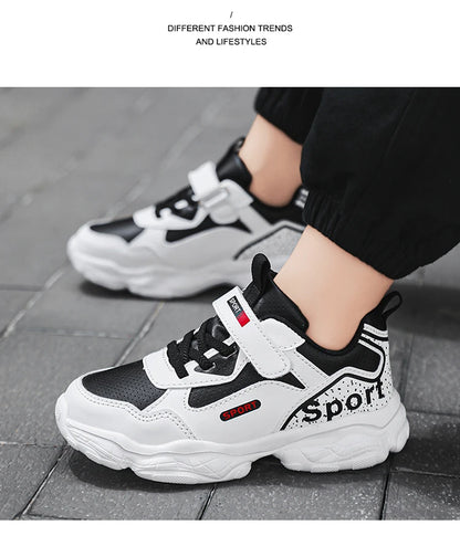Boys Shoes Sneakers Leather Children Comfortable Flat Shoes Black White Shoes for Kids Girls School Walking Footwear Non Slip