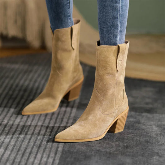 2022 New Autumn/winter Women's Boots Pointed Toe Chunky Heel Short Boots Cow Suede Western Boots Shoes for Women High Heels