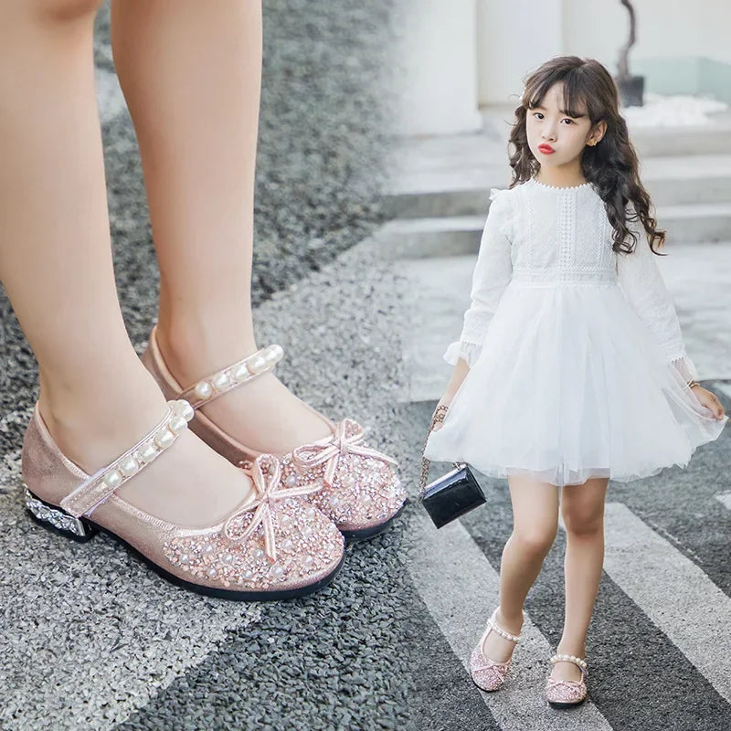 Princess Party Girls' Shoes Children's Wedding Shoes Mary Jane Flats Elastic Shoes Baby Fashion Pearl Diamond kids Dance Shoes