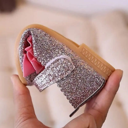 Female Glitter Princess Dress Shoes Soft Bottom Bow-knot Dance Party Shoes Bright Non-slip Leather Shoes Girls
