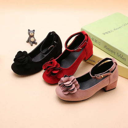 Girl's High Heel Shoes Spring Autumn Kids Leather Shoe Fashion Sweet Flower Children Princess Shoes for Wedding Party Versatile