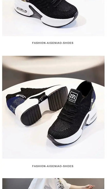 2025 Women's Sneakers Spring Sequined Casual Shoes Woman Platform Heels Wedges Height Increasing Knitted Ladies Vulcanized Shoes