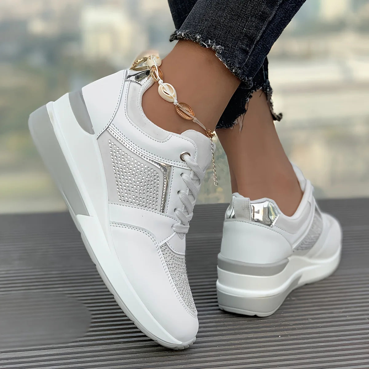 New Women's Sneakers Luxury Rhinestone Casual Shoes for Women Comfortable Platform Wedge Shoes Fashion Breathable Running Shoes