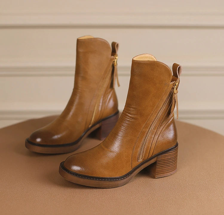 Women's Boots Spring and Autumn New Chelsea Boots Thick Heel Brown Short Leather Shoes for Women High Heels platform shoes