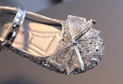 Girl's Princess Shoes Crystal Sequins Bowtie Party Glitter Children Mary Janes Three Colors Wedding Shallow Chic Kids Shoe 26-36