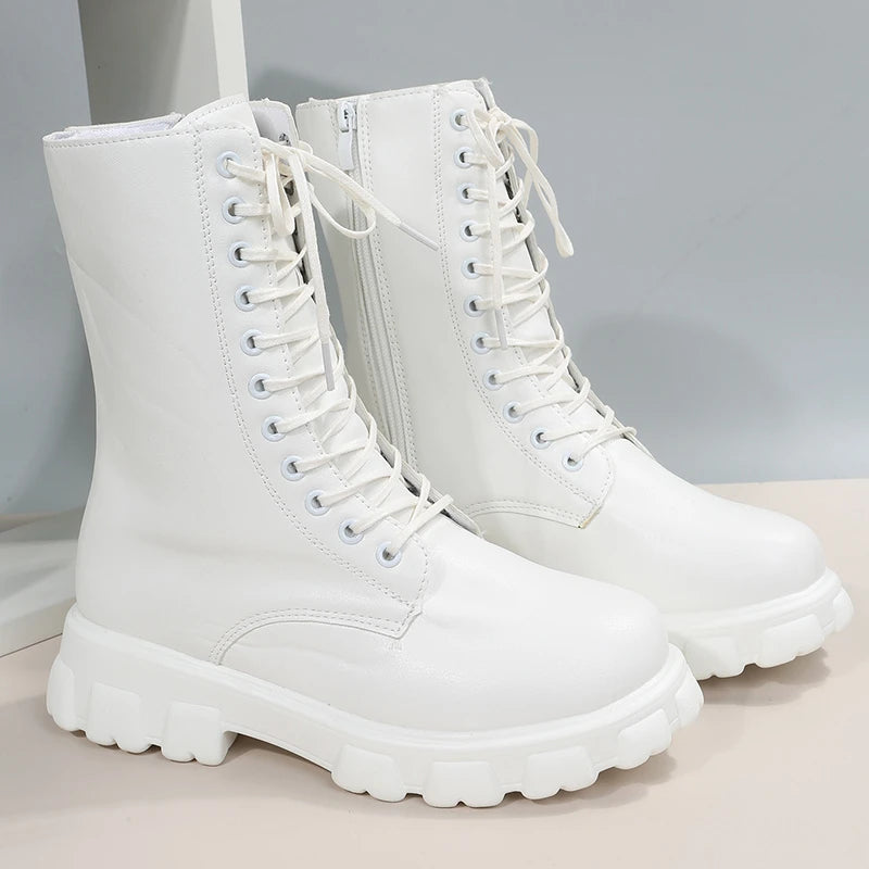 Boots Women Autumn Winter PU Leather White Ankle Boots Motorcycle Botines Female Chunky Heels Platform Boots Botas Mujer
