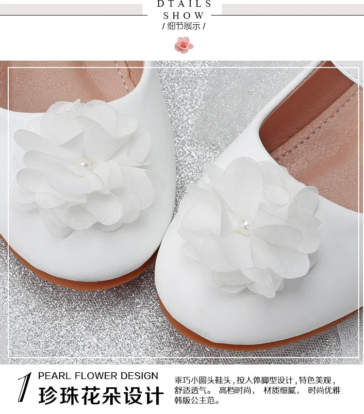 Children's shoes in spring and autumn new girls white Pearl flower Princess shoes fashion high heels wear-resistant and non-slip