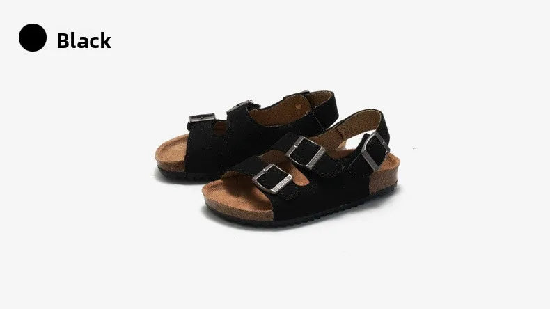 Boys Summer Soft Soled Cork Sandals Children One Line Herringbone Slippers Girl Beach Breathable Double Ring Buckle Casual Shoes