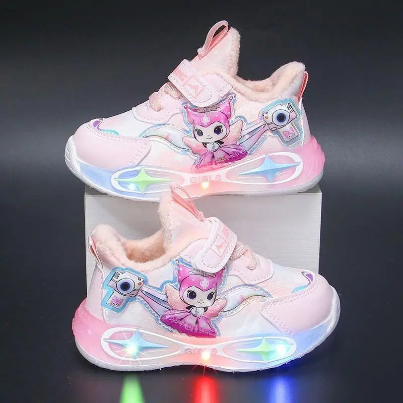 Sanrio Kuromi Girls Light Up Sneakers New Waterproof Leather Princess Running Casual Sports Shoes with Cotton Lined for Kids