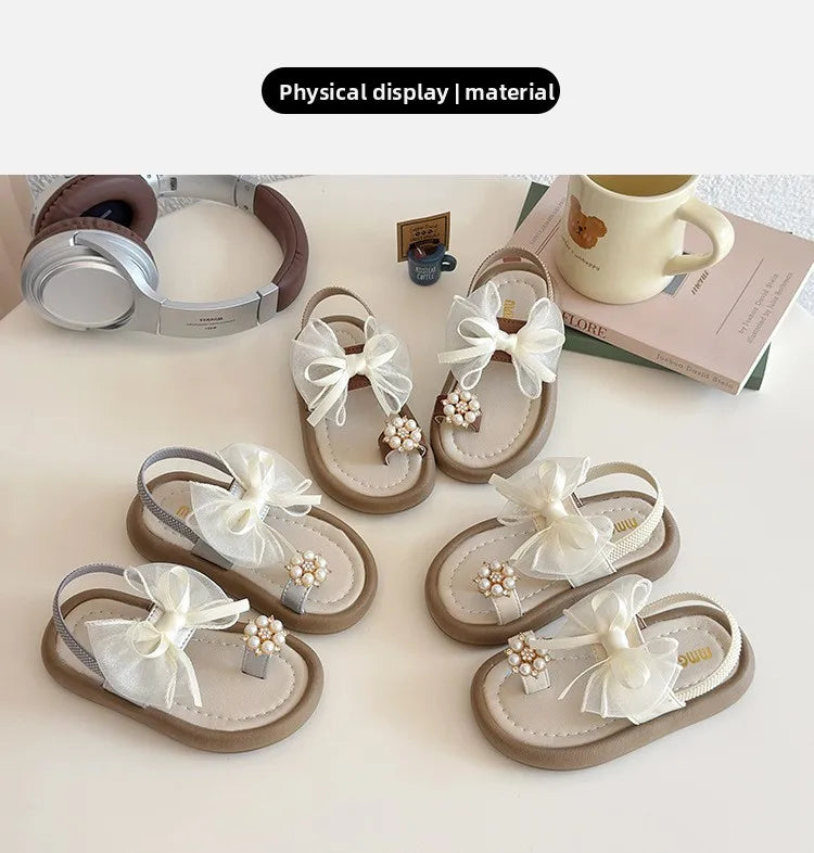Summer Fashion Kids Platform Princess Shoes  Sandals Girls Rhinestone Straps Beach Shoes Soft Sole Ribbon Bow Versatile Sandals