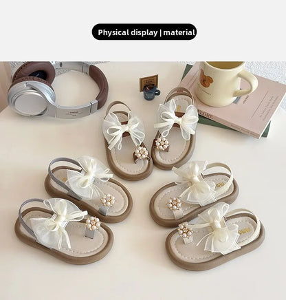 Summer Fashion Kids Platform Princess Shoes  Sandals Girls Rhinestone Straps Beach Shoes Soft Sole Ribbon Bow Versatile Sandals