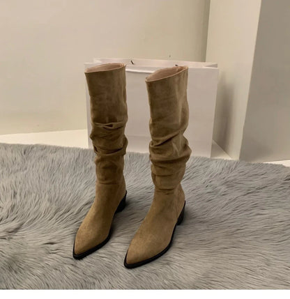 Women's Suede High-heeled Boots for Autumn and Winter, New Plush Pointed Stacking Boots, Fashionable Outdoor Knight Boots