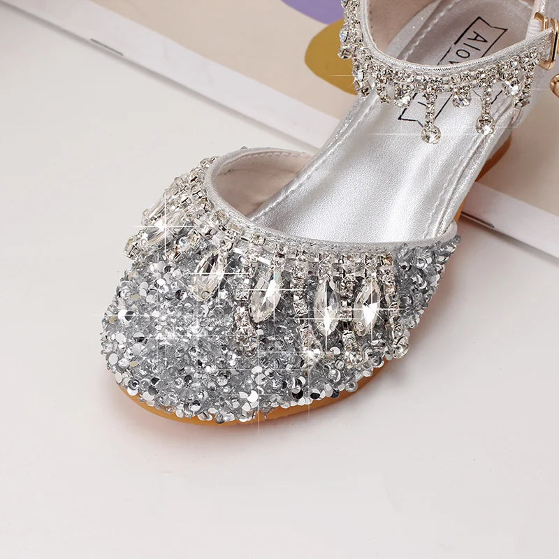Girls' high-heeled princess shoes model catwalk show silver children's dress shoes shiny stage crystal sandals