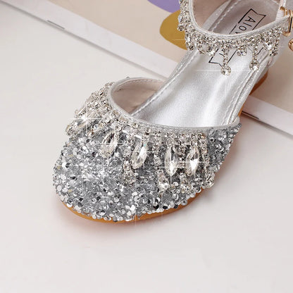 Girls' high-heeled princess shoes model catwalk show silver children's dress shoes shiny stage crystal sandals